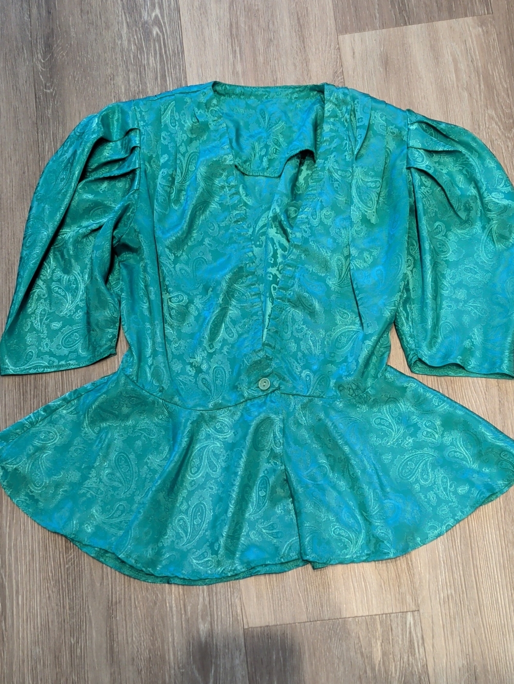 VTG 80s Teal Jacquard Paisley Peplum Blouse Puff Sleeve Shoulder Pads Med/Small